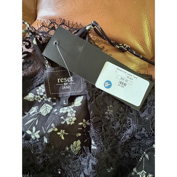 NWT Reset by Jane Satin Samantha Black Lace Floral Print Cami Tank Top Large - Picture 10 of 11